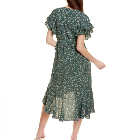 Max Studio Dress Size Large Green Crepe Ruffle Wrap Midi Short Sleeve Floral - Picture 2 of 7